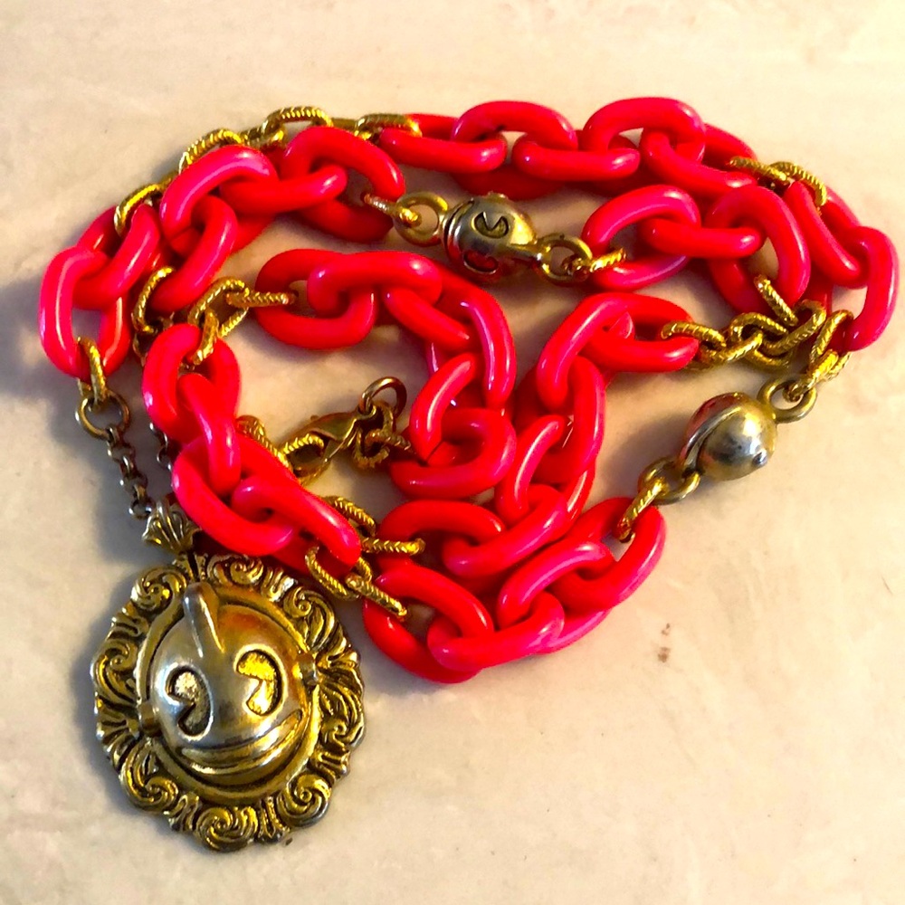 Kid ROBOT ROCK acrylic brass HOT pink necklace